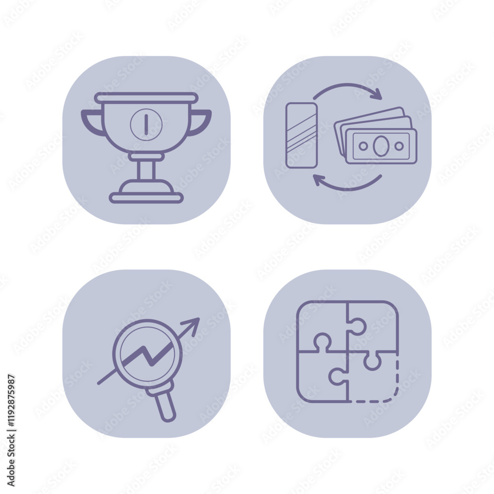 Business results line icon set. Business solutions, award cup, money transfer, magnifying glass showing financial growth. Success, finance, income increase concept. Vector illustrations for web design