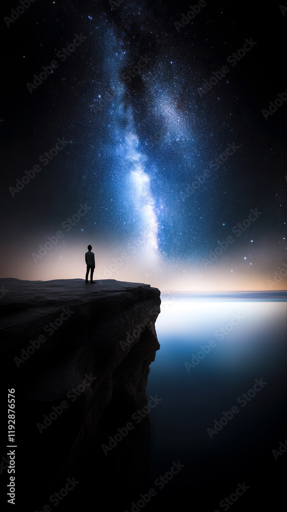 Fototapeta premium cinematic photo of man on cliff watching the horizon night sky, shooting stars space milkyway galaxy,