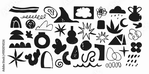 Botanical set of abstract shapes flowers and plants. Organic blot floral doodles, leaves of different stickers. Trendy hippie funky shapes stickers 90s in Matisse style