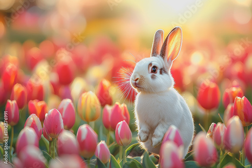 White rabbit sitting in a vibrant field of pink tulips surrounded by green grass in a beautiful spring landscape natures colorful display of flora and fauna photo