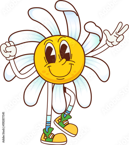 Retro cartoon groovy daisy chamomile flower character with funky face, vector emoji smile. Groovy daisy flower with hippie peace sign gesture and funny smiling for psychedelic retro cartoon character