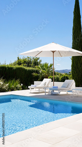 A pool with a white umbrella and two white lounge chairs