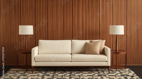 interior minimal midcentury. Modern living room with a sofa, lamps, and wooden wall decor.