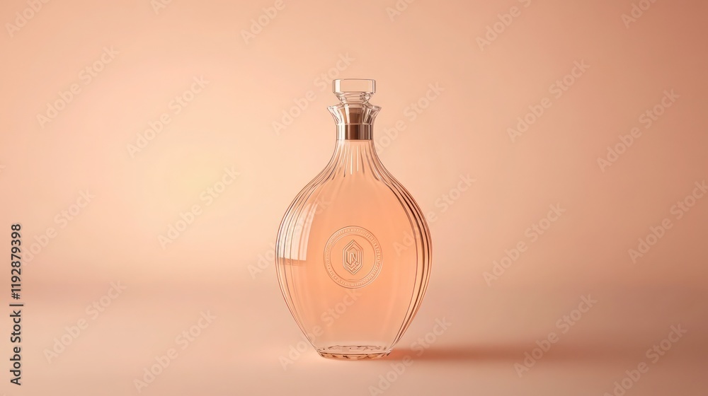 Frosted glass bottle with engraved logo on soft peach backdrop Frosted glass bottle with engraved logo on soft peach backdrop