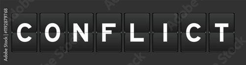 Black color analog flip board with word conflict on gray background