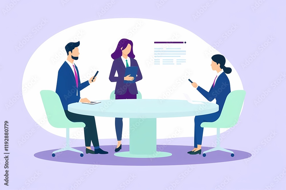 Business Meeting: A modern illustration depicting three business professionals in a meeting, engaged in discussion or collaboration, using smartphones and reviewing data. Business Meeting: A modern illustration depicting three business professionals in a meeting, engaged in discussion or collaboration, using smartphones and reviewing data.