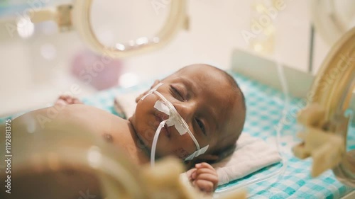 Closeup lovely little newborn baby infant lying in incubators for newborns, Newborn baby having the the breathing problem after birth, newborn in NICU, Neonatal intensive care unit.