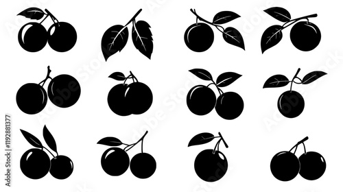 Collection of Plum icons, Plum vectorized seamless pattern