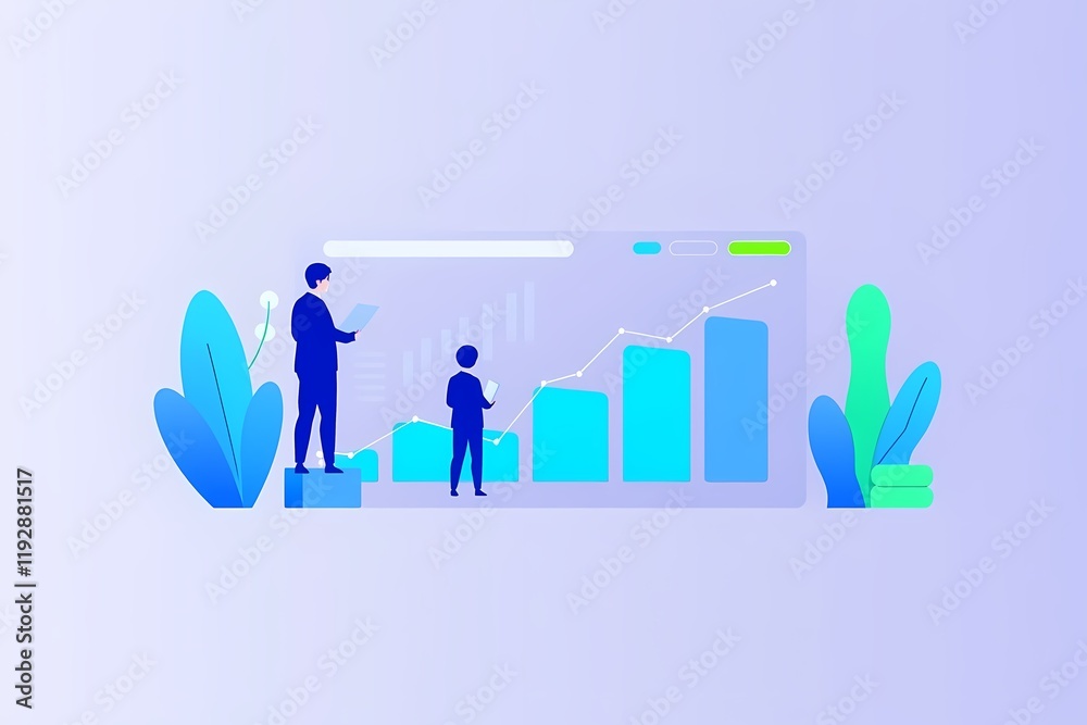 Growth Mindset: Two business partners stand in front of a website with a large graph that shows their rapid growth. The minimalist vector illustration is clean and engaging. Growth Mindset: Two business partners stand in front of a website with a large graph that shows their rapid growth. The minimalist vector illustration is clean and engaging.