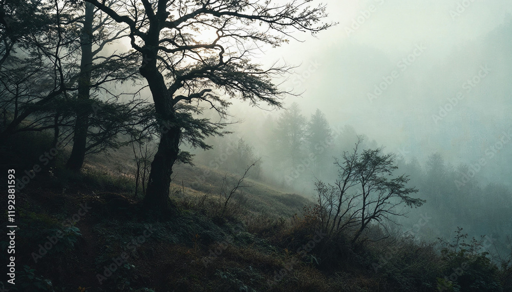 Panoramic view of the forest with morning fog