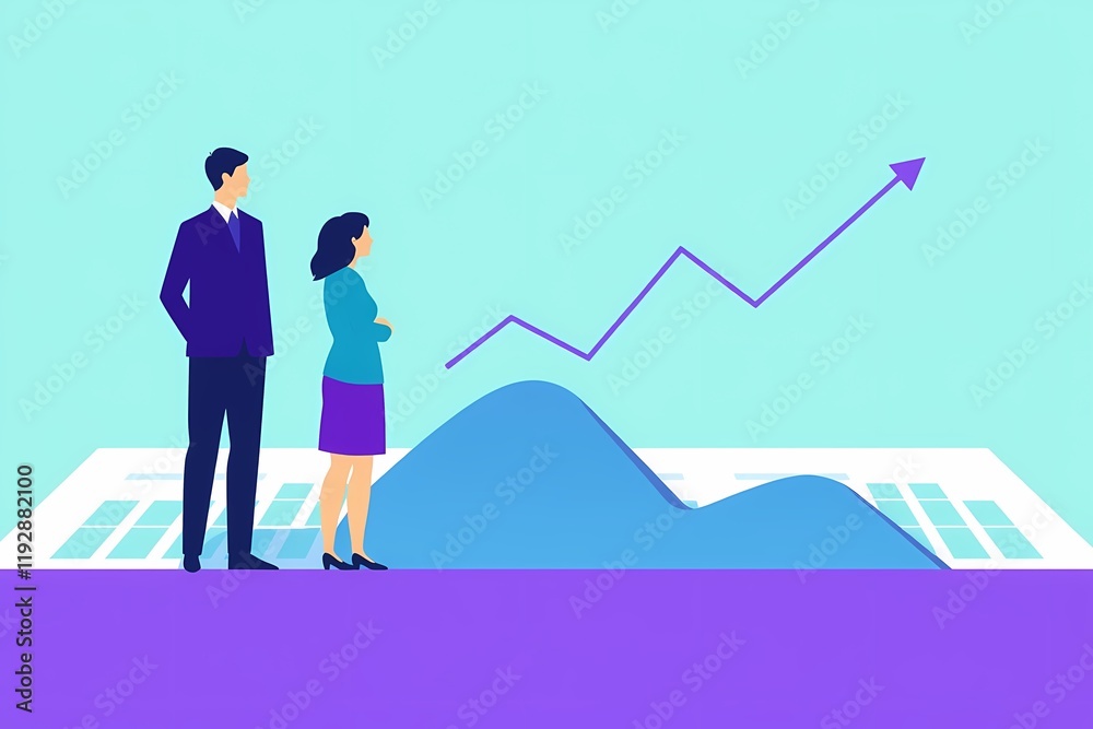 Obraz premium Business Growth and Success: A stylized illustration of a business man and woman standing proudly before an upward trending graph, symbolizing growth and success in business. 