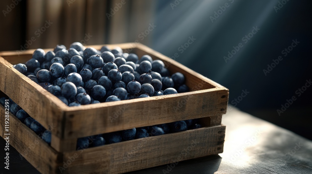 Crate filled with ripe blueberries showcased in natural light on a wooden surface during afternoon hours Crate filled with ripe blueberries showcased in natural light on a wooden surface during afternoon hours