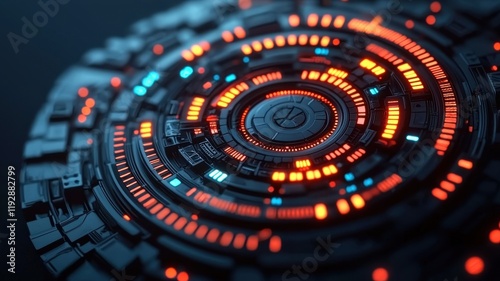 Wallpaper Mural A futuristic, circular design featuring vibrant orange and blue lights on a dark background, resembling a high-tech interface or a digital circuit. Torontodigital.ca