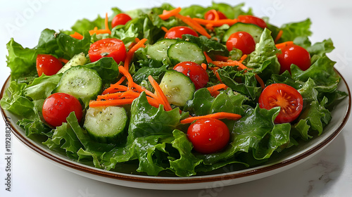 Fresh and vibrant mixed green salad with cherry tomatoes, cucumber, and shredded carrots