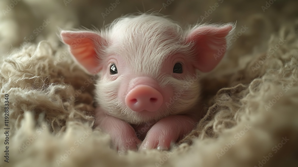 Adorable newborn piglet nestled in soft, fluffy fabric.