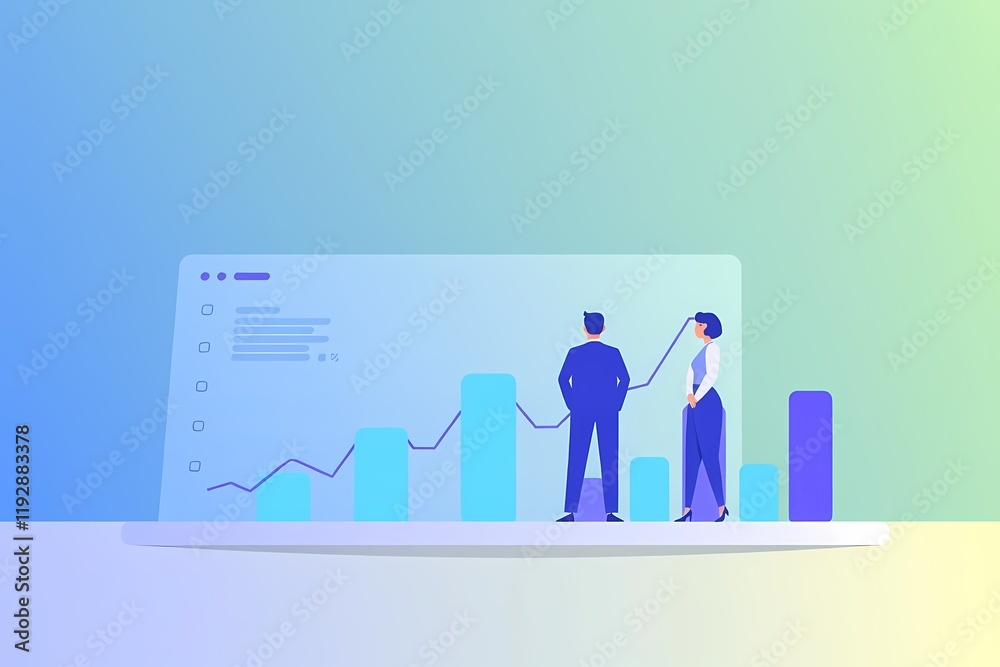 Obraz premium Business Growth Strategy: Two business professionals stand on top of a growing bar chart inside of a computer screen. They have a futuristic, modern look with sleek, flat design.