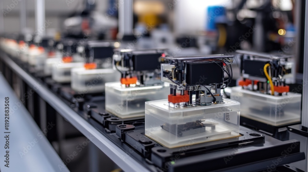 Naklejka premium Several electronic components undergoing automated assembly and testing on a production line, showcasing advanced manufacturing technology in a modern factory setting