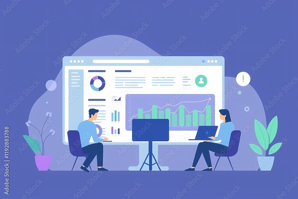 Data-Driven Collaboration: Two colleagues, a man and a woman, sit in front of a large monitor filled with data visualizations. The monitor displays charts, graphs. Data-Driven Collaboration: Two colleagues, a man and a woman, sit in front of a large monitor filled with data visualizations. The monitor displays charts, graphs.