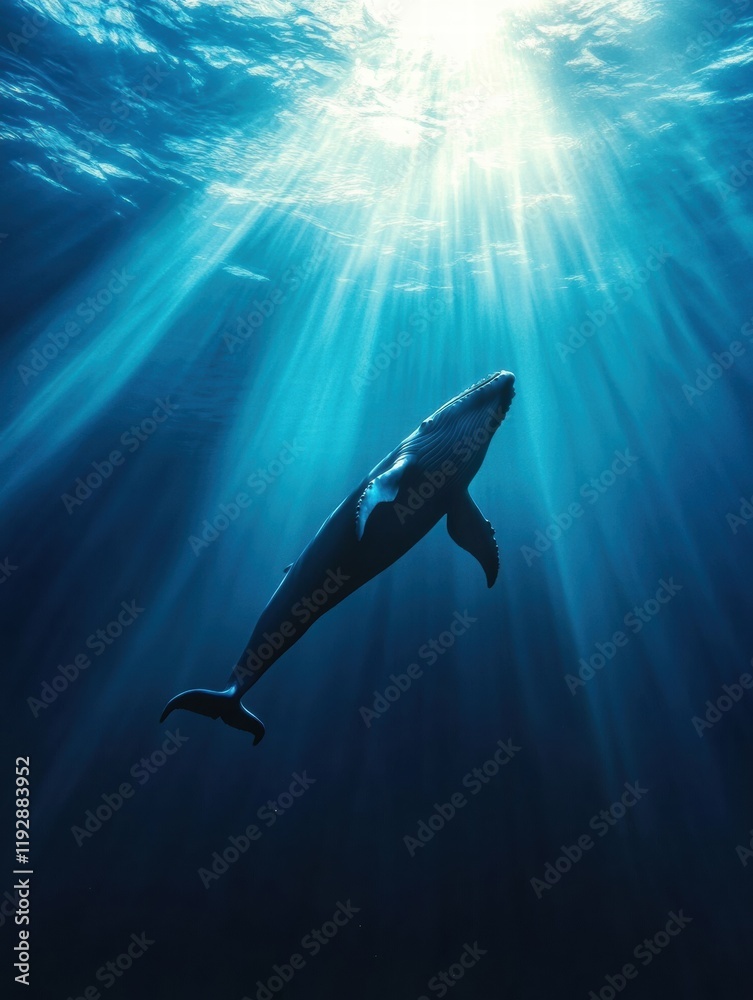 Fototapeta premium Majestic whale swimming gracefully in deep blue ocean illuminated by sun rays. Generative AI