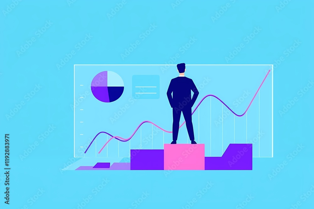 Fototapeta premium Businessman on Top of the Charts: A businessman in a dark suit stands confidently atop a stack of colorful charts and graphs, looking towards a projected screen displaying a positive upward trend.