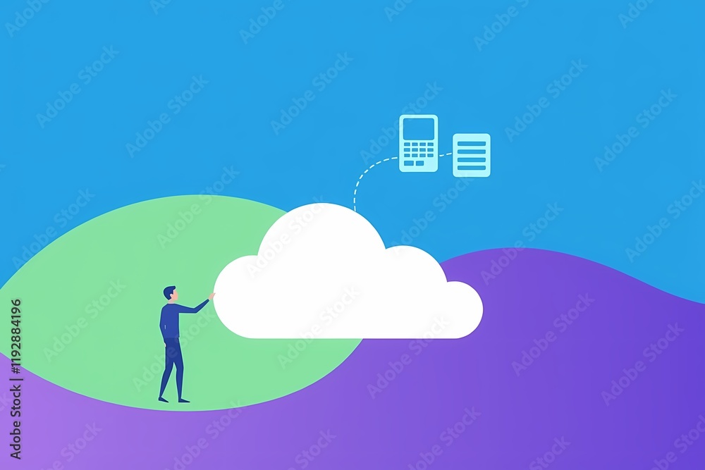 Connecting to the Cloud: A minimalist illustration of a person interacting with a cloud-based system, showcasing the seamless integration of technology and connectivity. Connecting to the Cloud: A minimalist illustration of a person interacting with a cloud-based system, showcasing the seamless integration of technology and connectivity.