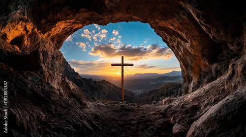 I can see the sky from an empty cave and there is a big wooden cross in the middle. Easter photos
