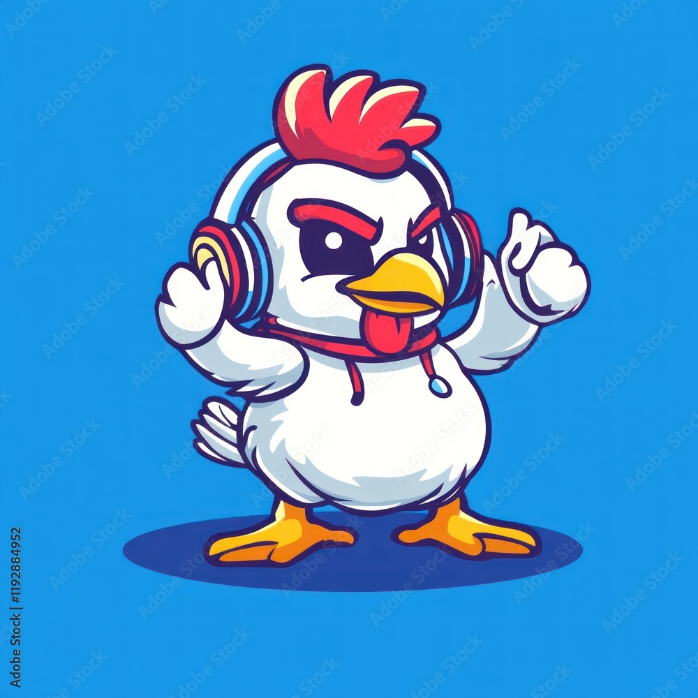 Angry rooster DJ headphones blue background mascot design Angry rooster DJ headphones blue background mascot design