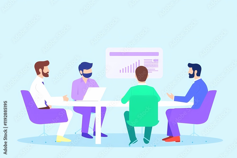 Business Meeting: A team of four diverse businessmen sit around a table, reviewing data displayed on a screen, showcasing collaboration and strategic planning in a minimalist. Business Meeting: A team of four diverse businessmen sit around a table, reviewing data displayed on a screen, showcasing collaboration and strategic planning in a minimalist.
