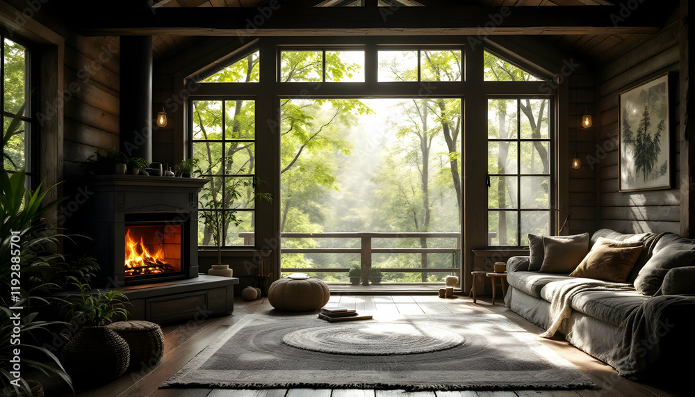 Fototapeta premium Serene Cabin Retreat: Embrace Nature's Beauty Through Lush Green Views and Cozy Atmosphere