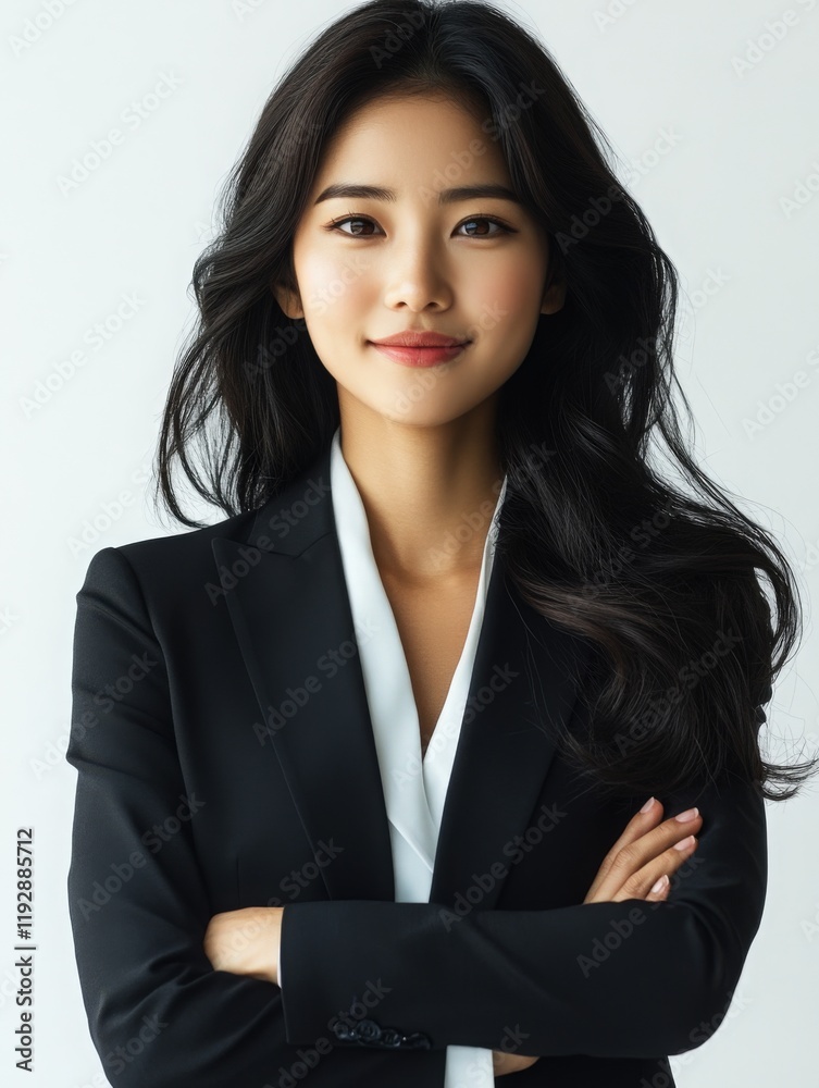 Business Woman Smiling at Camera in Smart Suit and Tie, Isolated on White Background Business Woman Smiling at Camera in Smart Suit and Tie, Isolated on White Background
