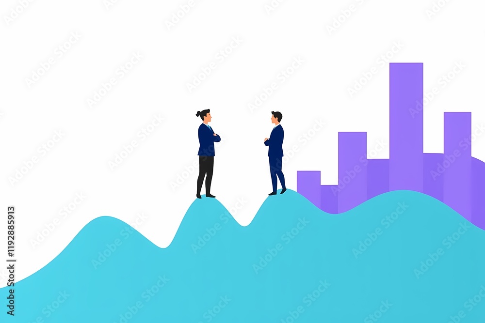 Navigating Growth: A pair of determined business professionals stand atop a rising graph, symbolizing their strategic approach and confident leadership in a competitive market.