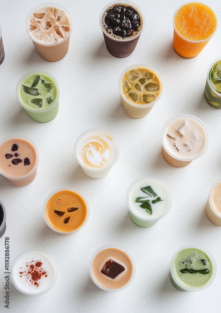 A Vibrant Array of Refreshing Iced Drinks in Small Cups. A Delightful Collection of Iced Beverages in Different Flavors. A Colorful Display of Iced Coffee, Tea, and Smoothies A Vibrant Array of Refreshing Iced Drinks in Small Cups. A Delightful Collection of Iced Beverages in Different Flavors. A Colorful Display of Iced Coffee, Tea, and Smoothies