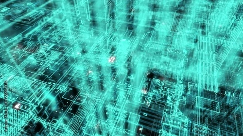 A high-tech, digital crafted abstract motion grid set in a cyber environment, highlighting big data visualization and AI simulations, ideal for use as a dynamic digital background in motion graphic.