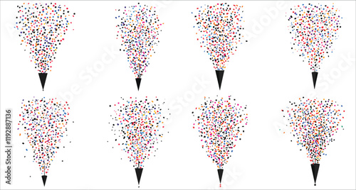 Confetti party popper icon vector. Set of colorful confetti party popper design. Celebration confetti popper icon vector. Festive party popper with confetti vector illustration