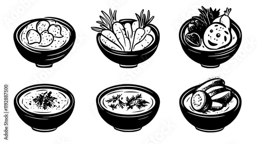 Collection of Hummus with vegetables, vectorized food design