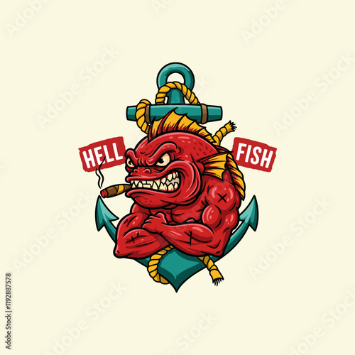 A strong red fish character with muscular arms, smoking a cigar,  is depicted within an anchor.