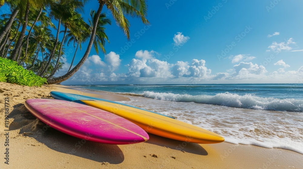Colorful surfboards rest on sandy beach with palm trees under a bright blue sky and gentle waves lapping at the shore. Colorful surfboards rest on sandy beach with palm trees under a bright blue sky and gentle waves lapping at the shore.