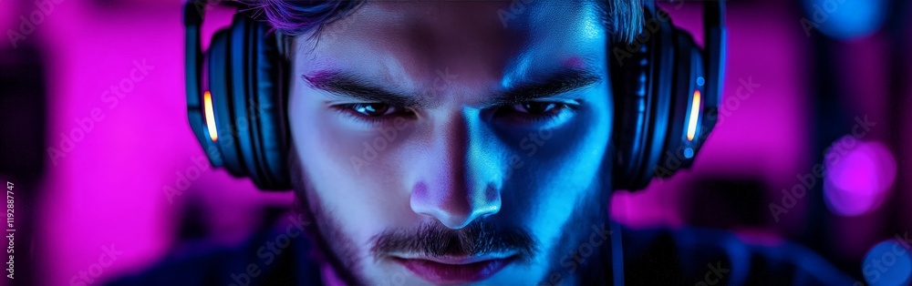 Fototapeta premium A dedicated gamer immersed in a game, illuminated by vivid purple lighting, symbolizing focus and intensity.