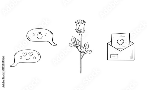 Vector doodle Valentine's Day cartoon icons. Hand drawn symbols of love. A rose flower, love speech bubbles, a confession envelope.