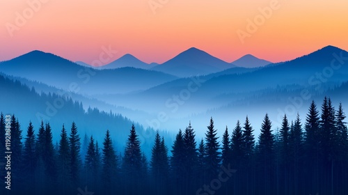 Misty mountain range at sunset, silhouettes of coniferous trees in the foreground.