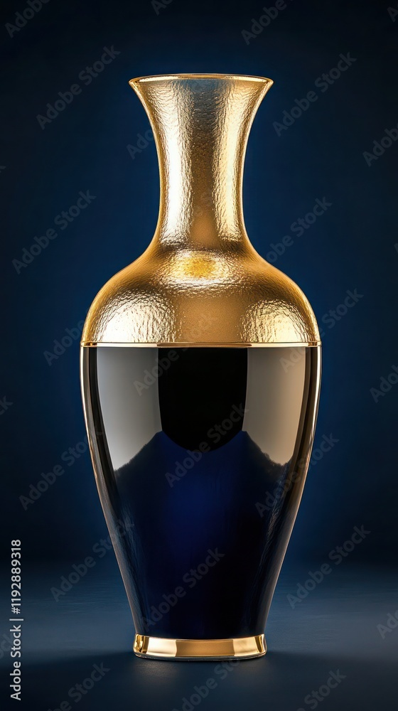 Rich gold and black bottle with reflective details on deep indigo background Rich gold and black bottle with reflective details on deep indigo background