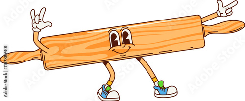 Cartoon groovy kitchen rolling pin character. Baking and pastry cooking cookware happy character or wooden rolling pin cheerful groovy vector mascot. Kitchen tool cartoon vector cheerful personage