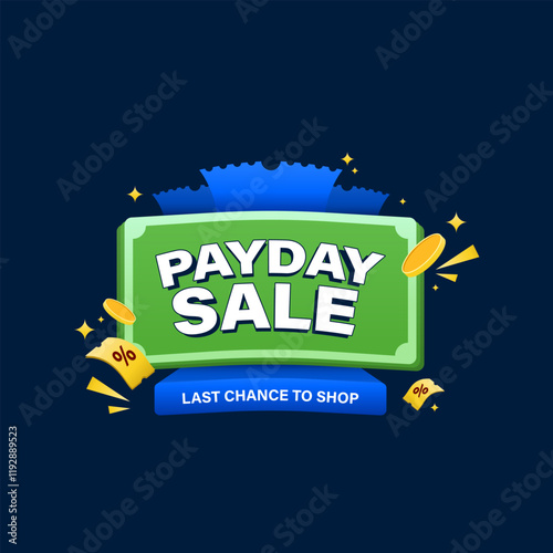 Payday sale promotion banner with coin, money and flying discount voucher illustration. Vector design for promo, marketing, web, marketplace or social media.