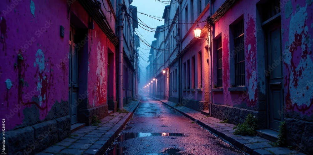 Fototapeta premium Mysterious city alley with purple stained grungy walls and street art , urban decay, grungy city, misty atmosphere