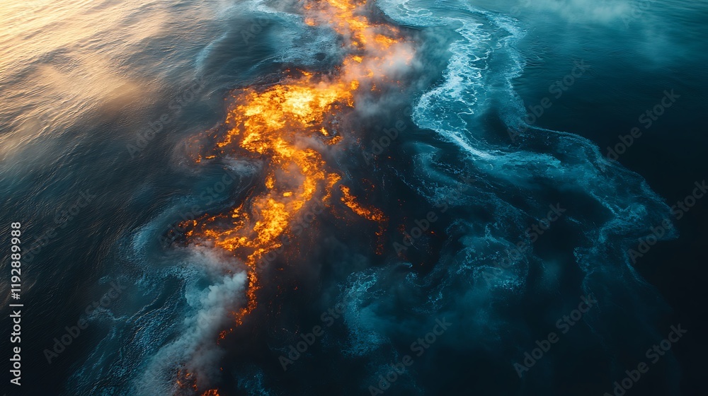 Fototapeta premium Aerial view of fiery orange and cool blue water swirls meeting in the ocean at sunset.
