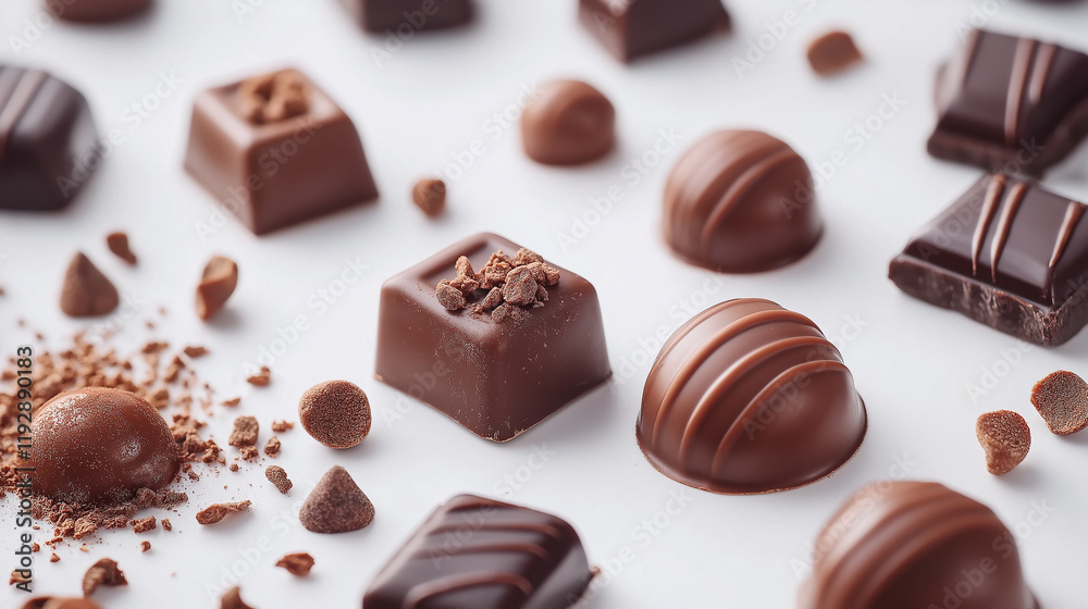 Pieces of chocolates and small shavings on a white surface Pieces of chocolates and small shavings on a white surface
