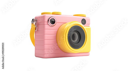 Photo camera 3d render illustration. Pink and yellow compact digital photo camera with lens and flash isolated on a transparent or white background