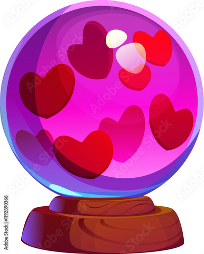 Crystal ball with hearts, vector Valentine Day love holiday gift. Cartoon magic pink glass globe of witch, wizard or fortune teller with red hearts inside. Valentine Day holiday love magic ball