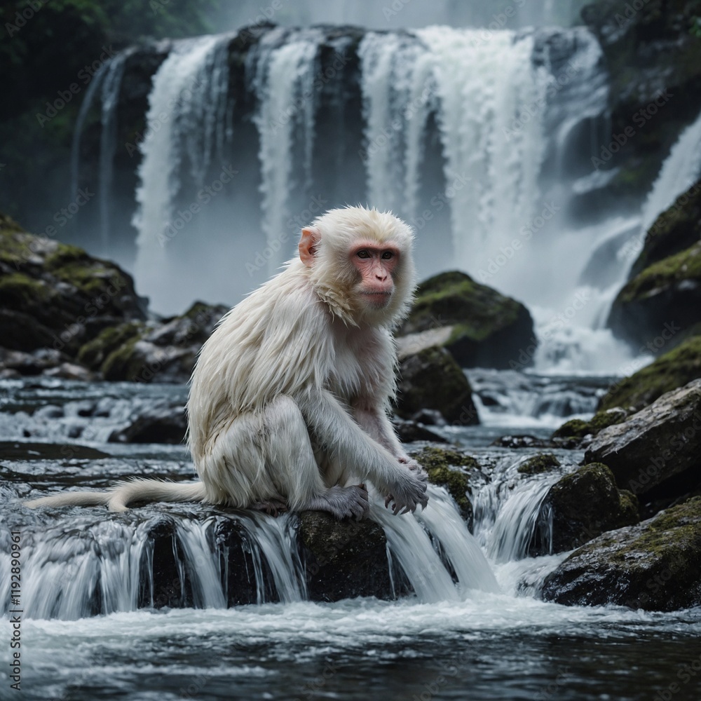 Obraz premium A white monkey sitting at the edge of a white waterfall, the scene exuding tranquility.
