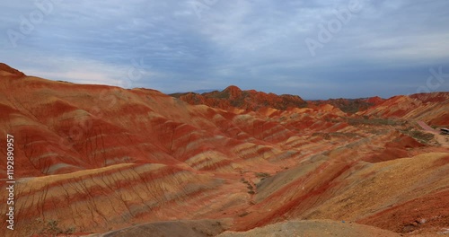 Time lapse of Zhangye Qicai Danxia landform.It is the most typical Danxia landform developed in the arid areas of northern China.It is the only highly complex area of Danxia landform and colorful hill